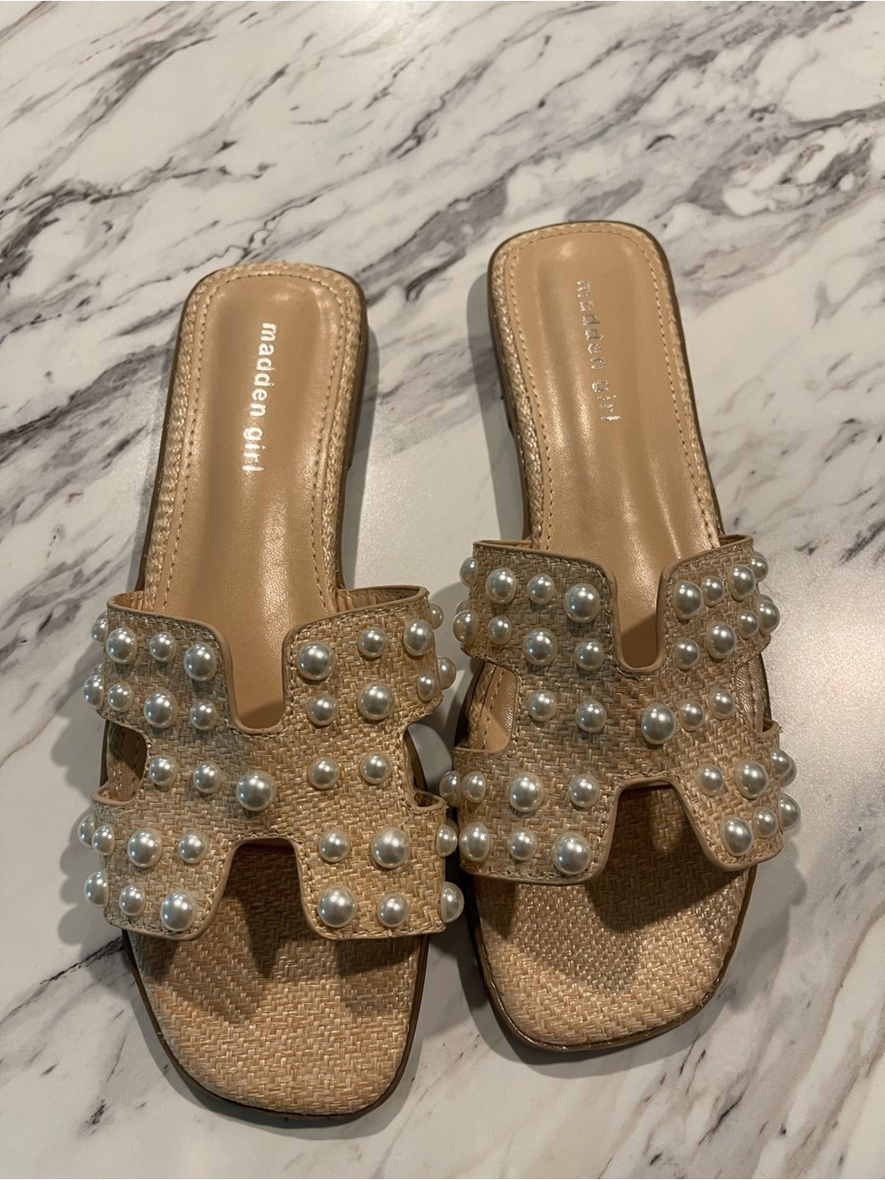 Madden Girl Tan Pearl-Embellished Slide Mules